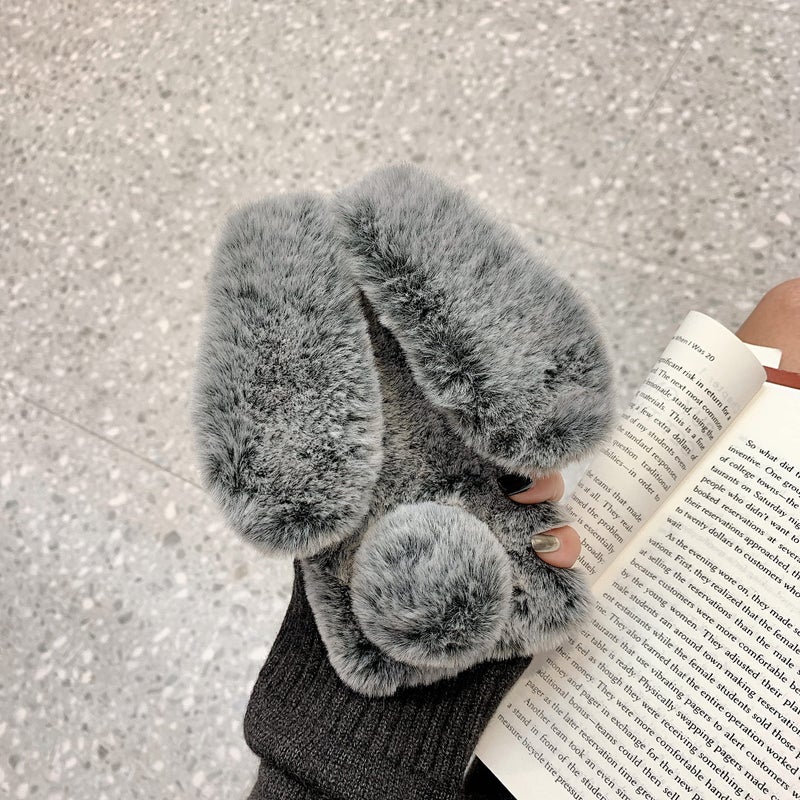 Omio for iPhone 11 Rabbit Faux Fur Case, Soft Handmade Fluffy Furry Cute Bunny Plush Rabbit Warm Big Ear Bling Crystal Rhinestone Bowknot Ultra Thin Cover for Women Girls Dark Gray - Image 2